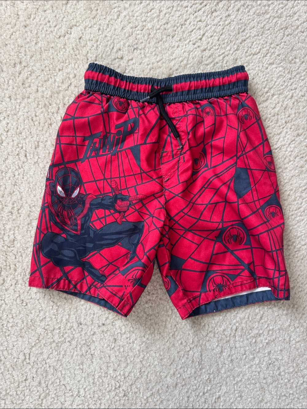 Kids Red Spider-Web Swim Shorts with Drawstring Waist - Size small